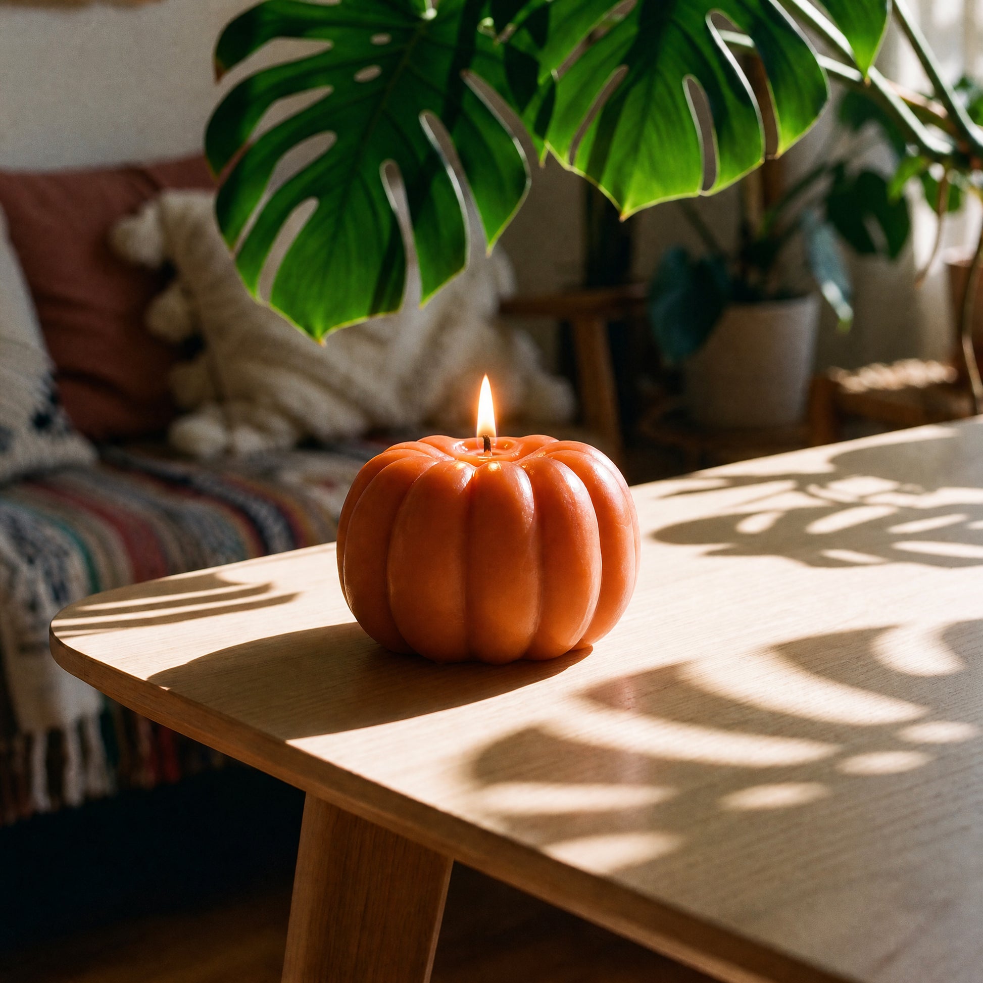 Pumpkin spice scented beeswax pumpkin candle styled with fall decor