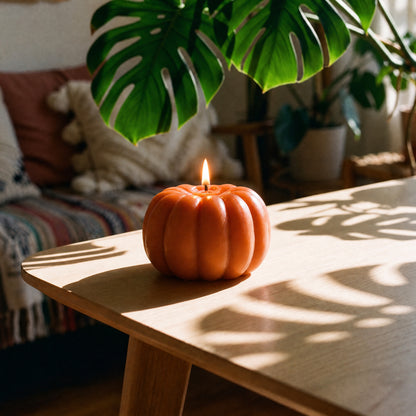 Pumpkin spice scented beeswax pumpkin candle styled with fall decor