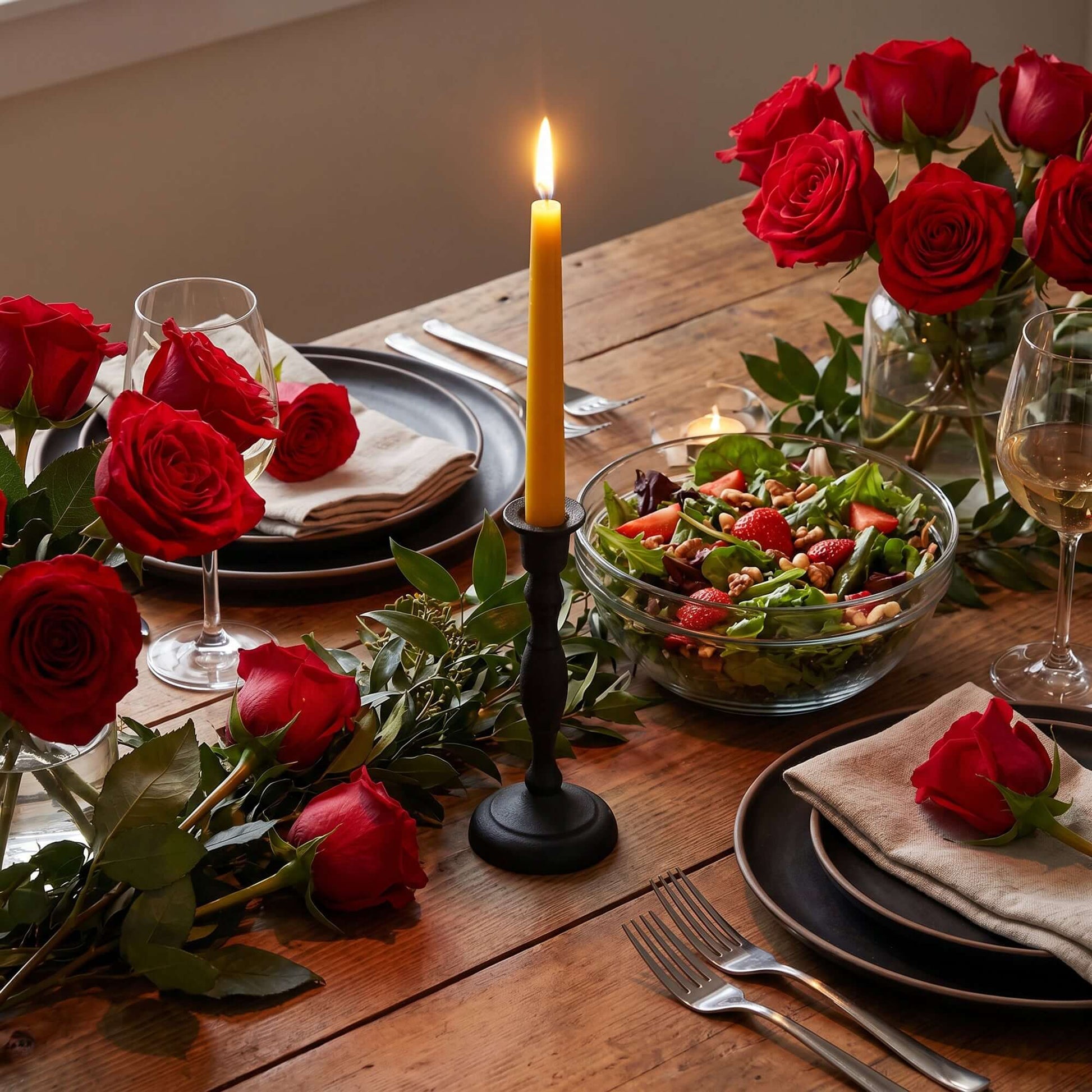 dining table with pure beeswax taper candle 