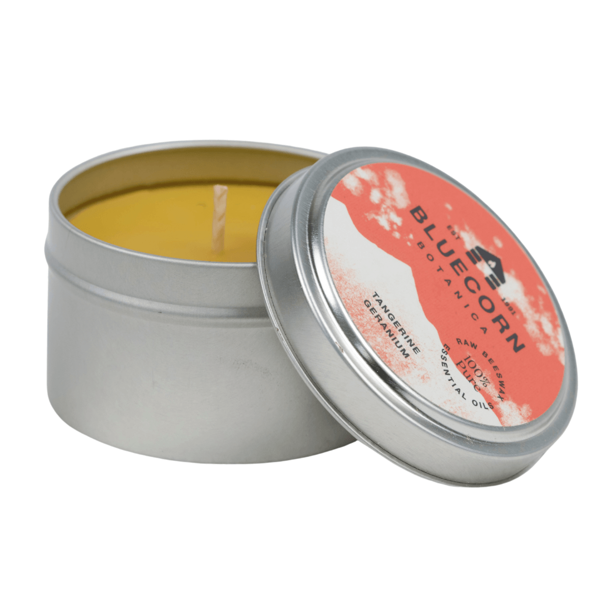 Bluecorn Botanica Tangerine and Geranium 100% Pure Beeswax Travel Tin Candle. Burn Time: 6oz Candle: 30 Hours. 2oz Candle 12 Hours. Made with 100% Pure Beeswax and 100% Pure Essential Oils. Made with 100% pure cotton wick, no lead and paraffin free. Clean burning and non-toxic. Features Bluecorn Botanica Label in recyclable aluminum tin. Perfect for travel, camping and gifts. 