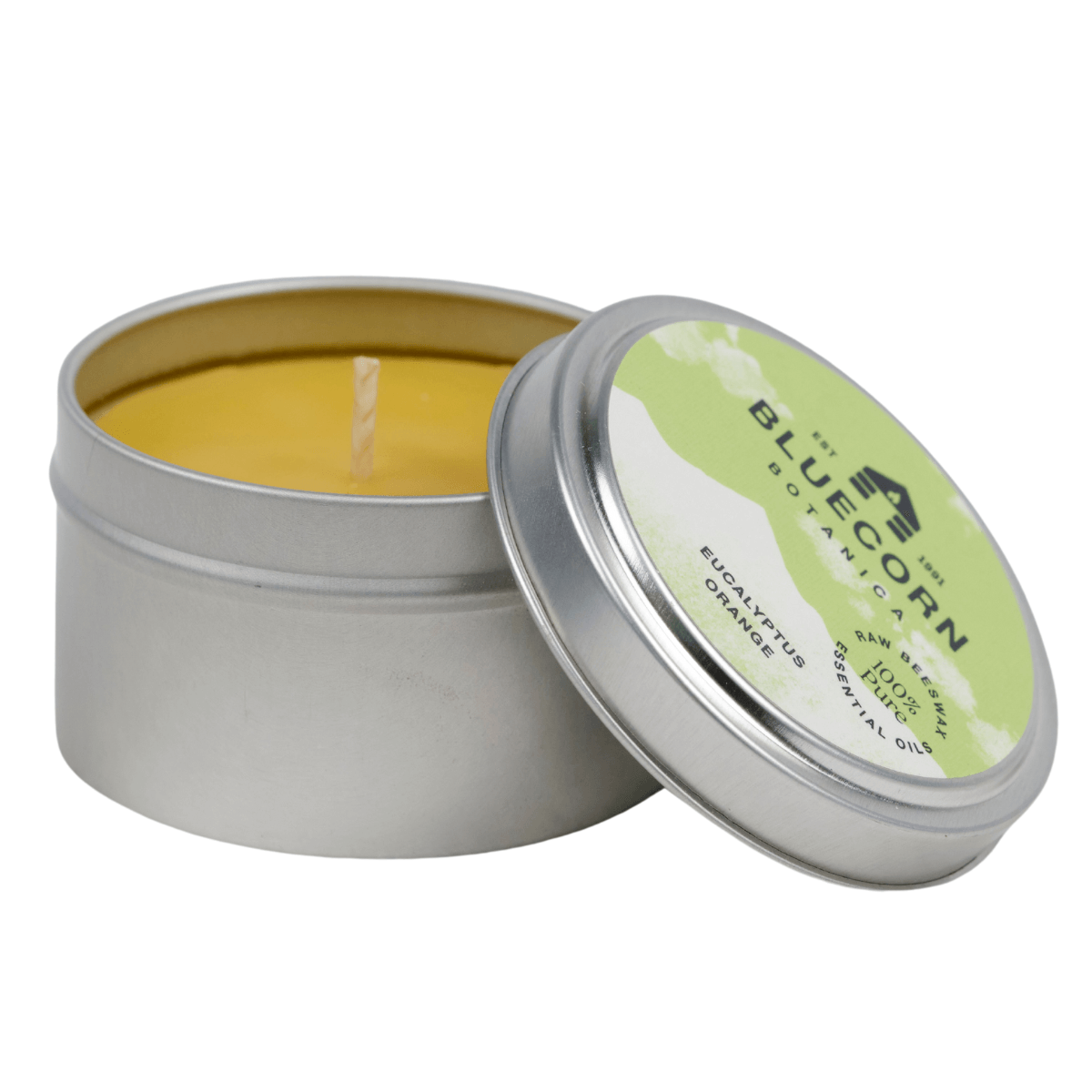 Bluecorn Botanica Eucalyptus & Orange 100% Pure Beeswax Travel Tin Candle. Burn Time: 6oz Candle: 30 Hours. 2oz Candle 12 Hours. Made with 100% Pure Beeswax and 100% Pure Essential Oils. Made with 100% pure cotton wick, no lead and paraffin free. Clean burning and non-toxic. Features Bluecorn Botanica Label in recyclable aluminum tin. Perfect for travel, camping and gifts. 