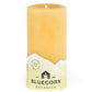 Bluecorn Botanica 100% Pure Beeswax Lemongrass, Cassia and Rosemary 3" x 6" Scented Pillar Candle. Burn Time: 90 hours. Made with 100% Pure Beeswax, 100% Pure Essential Oils, and a 100% pure cotton wick, no lead. Candles are paraffin free, clean burning and non-toxic. Features Bluecorn Botanica label in Yellow printed on 100% recycled paper. Wax is golden in color. 