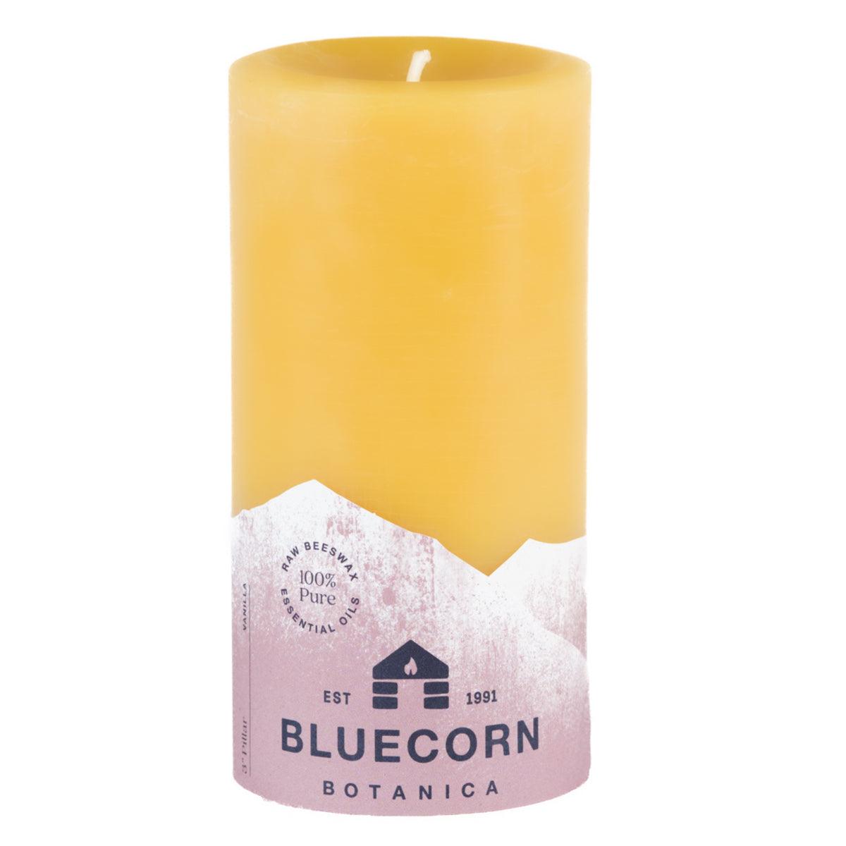 Bluecorn Botanica 100% Pure Beeswax Vanilla 3" x 6" Scented Pillar Candle. Burn Time: 90 hours. Made with 100% Pure Beeswax, 100% Pure Essential Oils, and a 100% pure cotton wick, no lead. Candles are paraffin free, clean burning and non-toxic. Features Bluecorn Botanica label in Brown printed on 100% recycled paper. Wax is golden in color.
