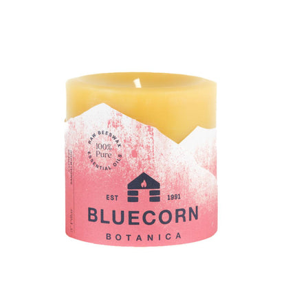 Bluecorn Botanica 100% Pure Beeswax Cypress and Sandalwood 3" x 3" Scented Pillar Candle. Burn Time: 50 hours. Made with 100% Pure Beeswax, 100% Pure Essential Oils, and a 100% pure cotton wick, no lead. Candles are paraffin free, clean burning and non-toxic. Features Bluecorn Botanica label in Red printed on 100% recycled paper. Wax is golden in color. 