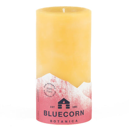 Bluecorn Botanica 100% Pure Beeswax Cypress and Sandalwood 3" x 6" Scented Pillar Candle. Burn Time: 90 hours. Made with 100% Pure Beeswax, 100% Pure Essential Oils, and a 100% pure cotton wick, no lead. Candles are paraffin free, clean burning and non-toxic. Features Bluecorn Botanica label in Red printed on 100% recycled paper. Wax is golden in color. 