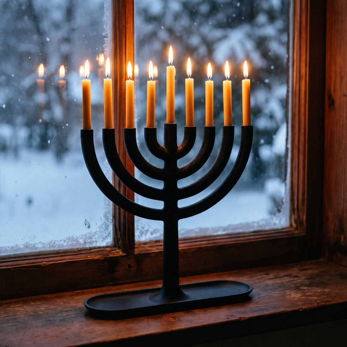 modern cast iron menorah with bluecorn beeswax hanukkah candles lit and glowing in winter window