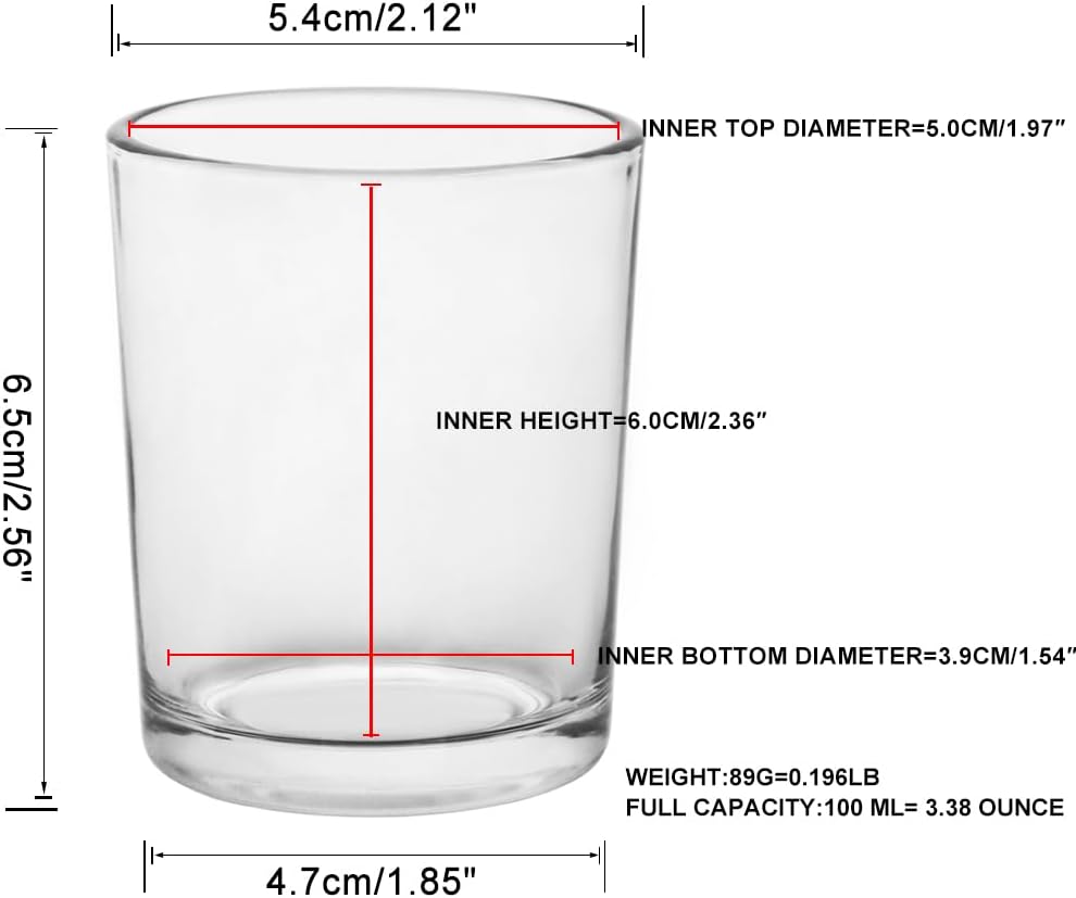 Clear glass votive candle holder with dimensions and specifications labeled bluecorn candles
