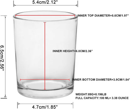 Clear glass votive candle holder with dimensions and specifications labeled bluecorn candles

