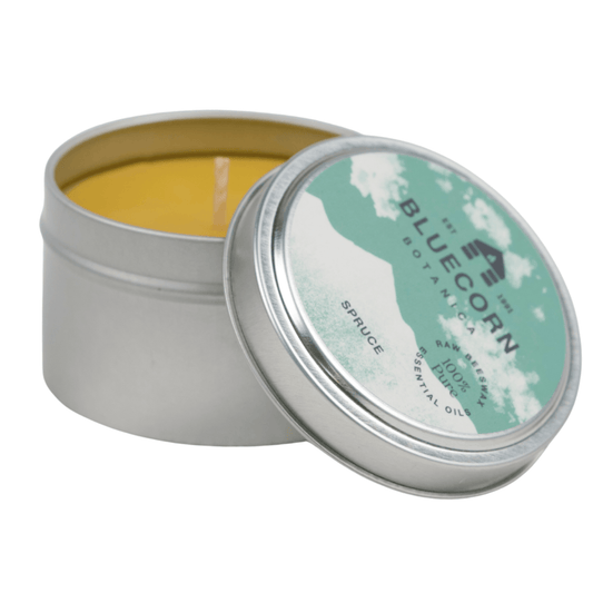 Bluecorn Botanica Spruce 100% Pure Beeswax Travel Tin Candle. Burn Time: 6oz Candle: 30 Hours. 2oz Candle 12 Hours. Made with 100% Pure Beeswax and 100% Pure Essential Oils. Made with 100% pure cotton wick, no lead and paraffin free. Clean burning and non-toxic. Features Bluecorn Botanica Label in recyclable aluminum tin. Perfect for travel, camping and gifts. 
