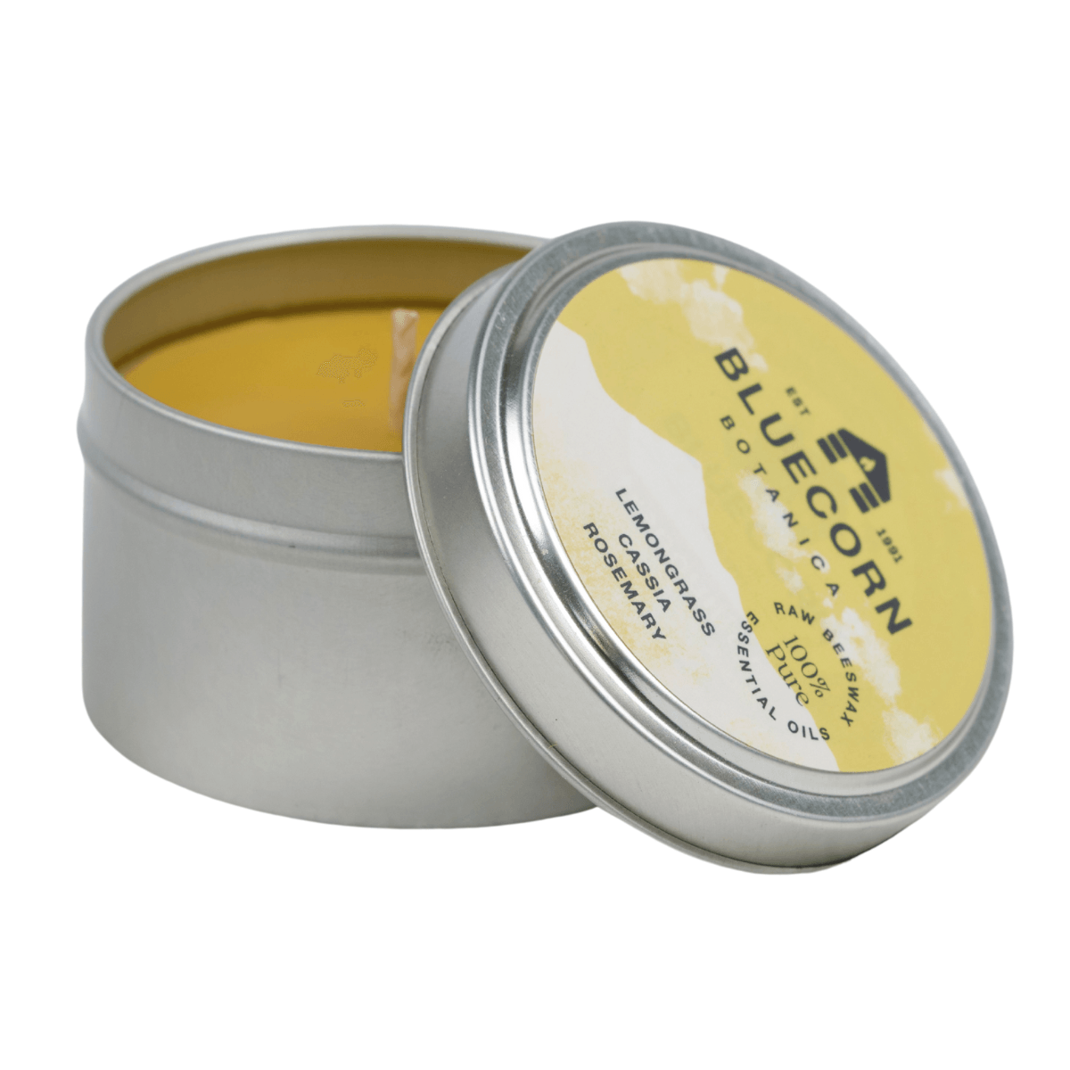 Bluecorn Botanica Lemongrass, Cassia and Rosemary 100% Pure Beeswax Travel Tin Candle. Burn Time: 6oz Candle: 30 Hours. 2oz Candle 12 Hours. Made with 100% Pure Beeswax and 100% Pure Essential Oils. Made with 100% pure cotton wick, no lead and paraffin free. Clean burning and non-toxic. Features Bluecorn Botanica Label in recyclable aluminum tin. Perfect for travel, camping and gifts. 