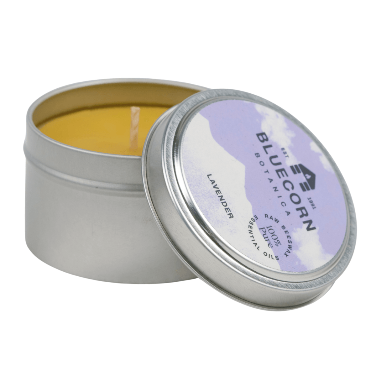 Bluecorn Botanica Lavender 100% Pure Beeswax Travel Tin Candle. Burn Time: 6oz Candle: 30 Hours. 2oz Candle 12 Hours. Made with 100% Pure Beeswax and 100% Pure Essential Oils. Made with 100% pure cotton wick, no lead and paraffin free. Clean burning and non-toxic. Features Bluecorn Botanica Label in recyclable aluminum tin. Perfect for travel, camping and gifts. 