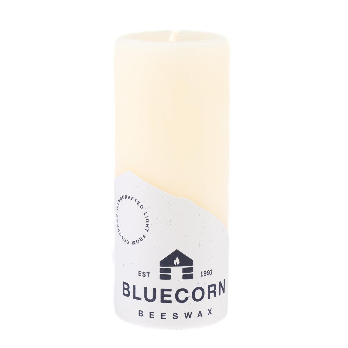 Bluecorn Beeswax 100% Pure Beeswax 2" x 4.5" Ivory Pillar Candle. Burn Time: 36 hours. Made with 100% Pure Beeswax, wax is white in color. Made with 100% pure cotton wick, no lead and paraffin free. Clean burning and non-toxic. Features Bluecorn Beeswax label printed on 100% recycled paper. Clearance items might have an odd blemish or air bubble, but will still burn beautifully.
