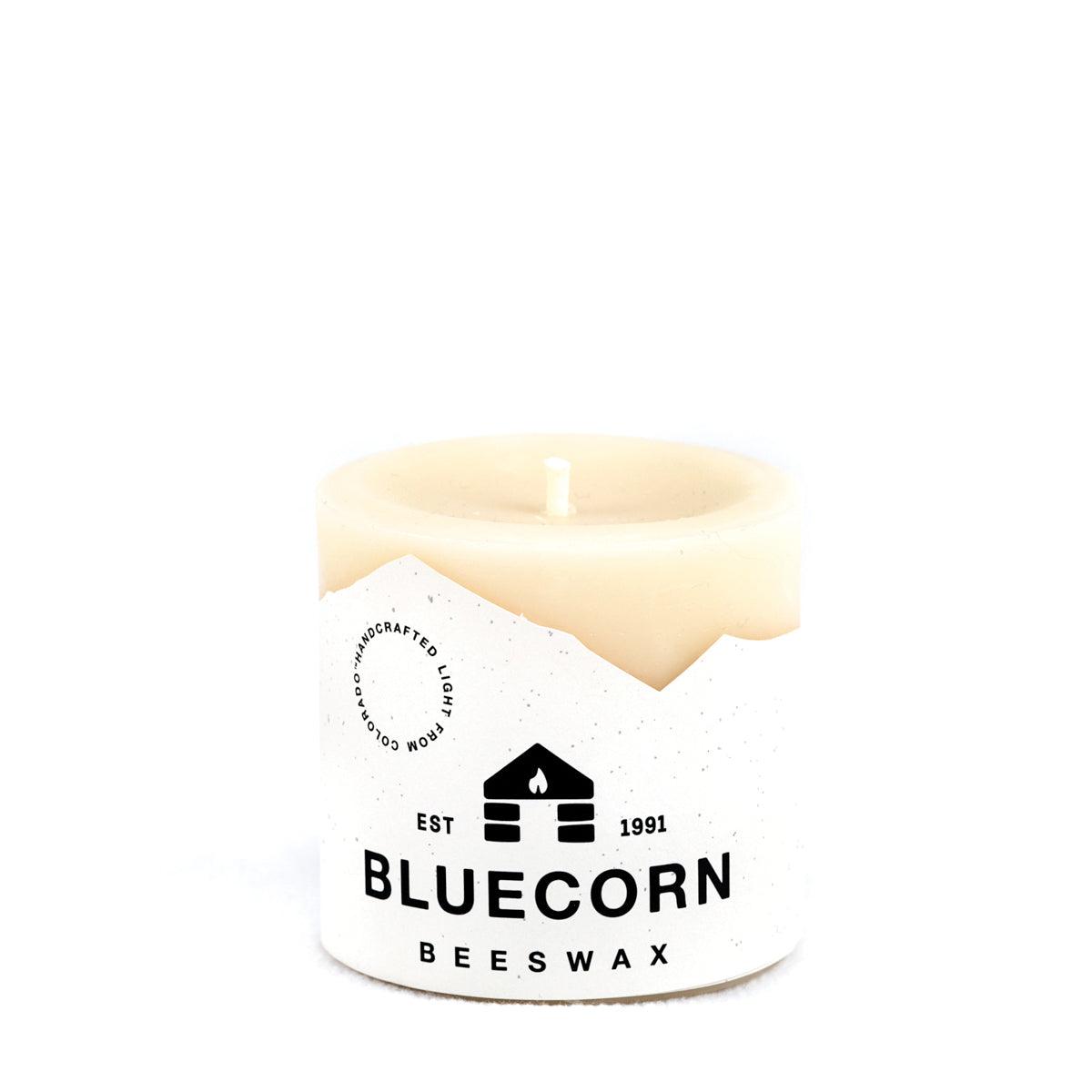 Bluecorn Beeswax 100% Pure Beeswax 3" x 3" Ivory Pillar Candle. Burn Time: 50 hours. Made with 100% Pure Beeswax, wax is white in color. Made with 100% pure cotton wick, no lead and paraffin free. Clean burning and non-toxic. Features Bluecorn Beeswax label printed on 100% recycled paper. Clearance items might have an odd blemish or air bubble, but will still burn beautifully.