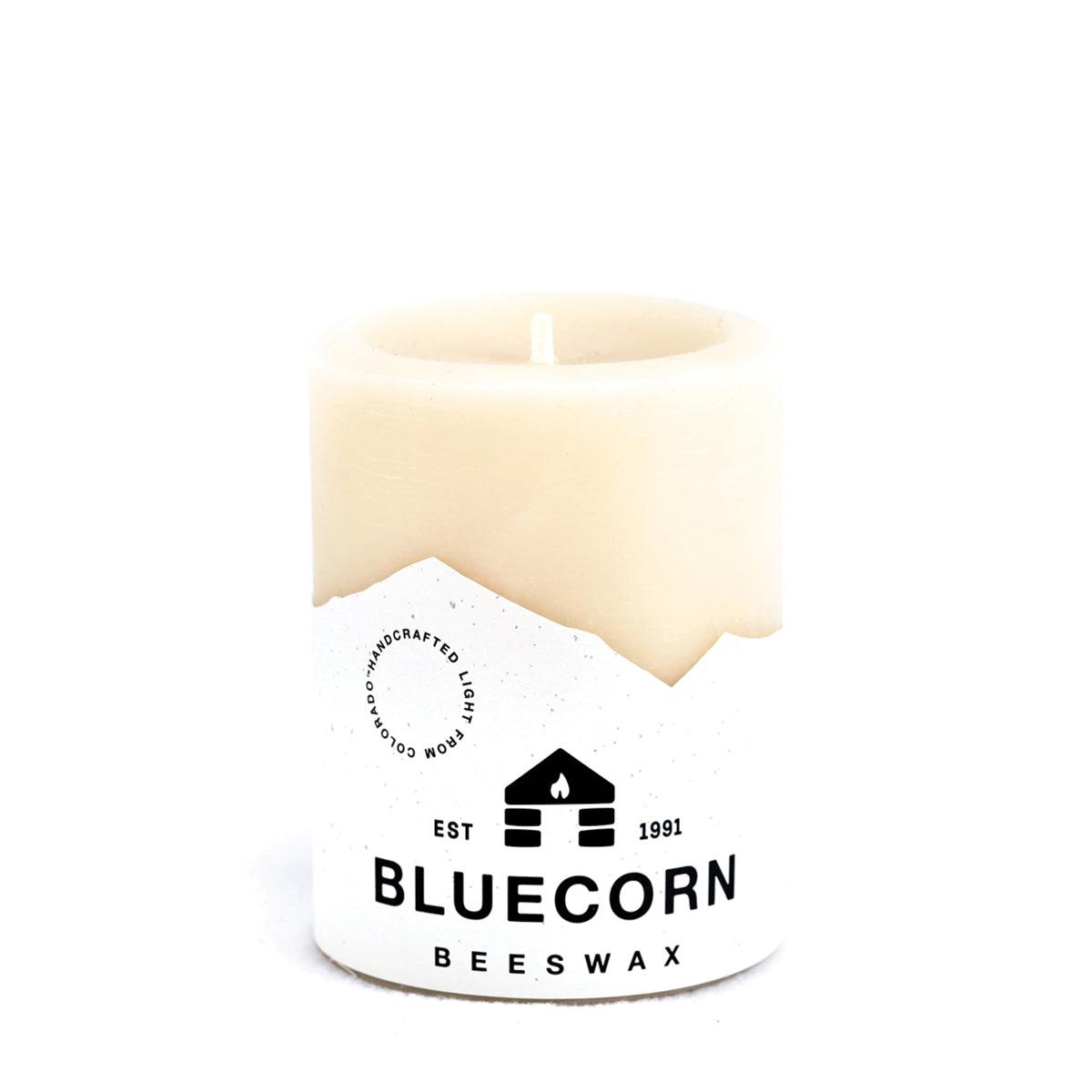 Bluecorn Beeswax 100% Pure Beeswax 3" x 4" Ivory Pillar Candle. Burn Time: 60 hours. Made with 100% Pure Beeswax, wax is white in color. Made with 100% pure cotton wick, no lead and paraffin free. Clean burning and non-toxic. Features Bluecorn Beeswax label printed on 100% recycled paper. Clearance items might have an odd blemish or air bubble, but will still burn beautifully. 