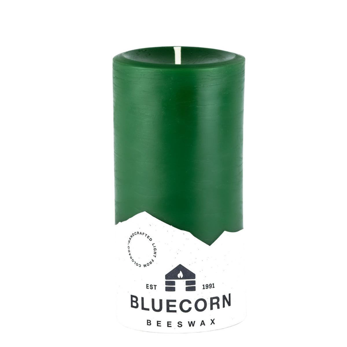 Bluecorn Beeswax 100% Pure Beeswax 3" x 6" Colored Pillar Candle. Burn Time: 90 hours. Made with 100% Pure Beeswax, wax is Moss in color. Made with 100% pure cotton wick, no lead and paraffin free. Clean burning and non-toxic. Features Bluecorn Beeswax label printed on 100% recycled paper. Clearance items might have an odd blemish or air bubble, but will still burn beautifully.