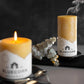 Features two beeswax pillars atop forged pillar bases. One candle is lit, while the other has just been blown out as a plume of smoke billows over the candle. Both candles are in front of a black backdrop with a sprig of Eucalyptus between them.  