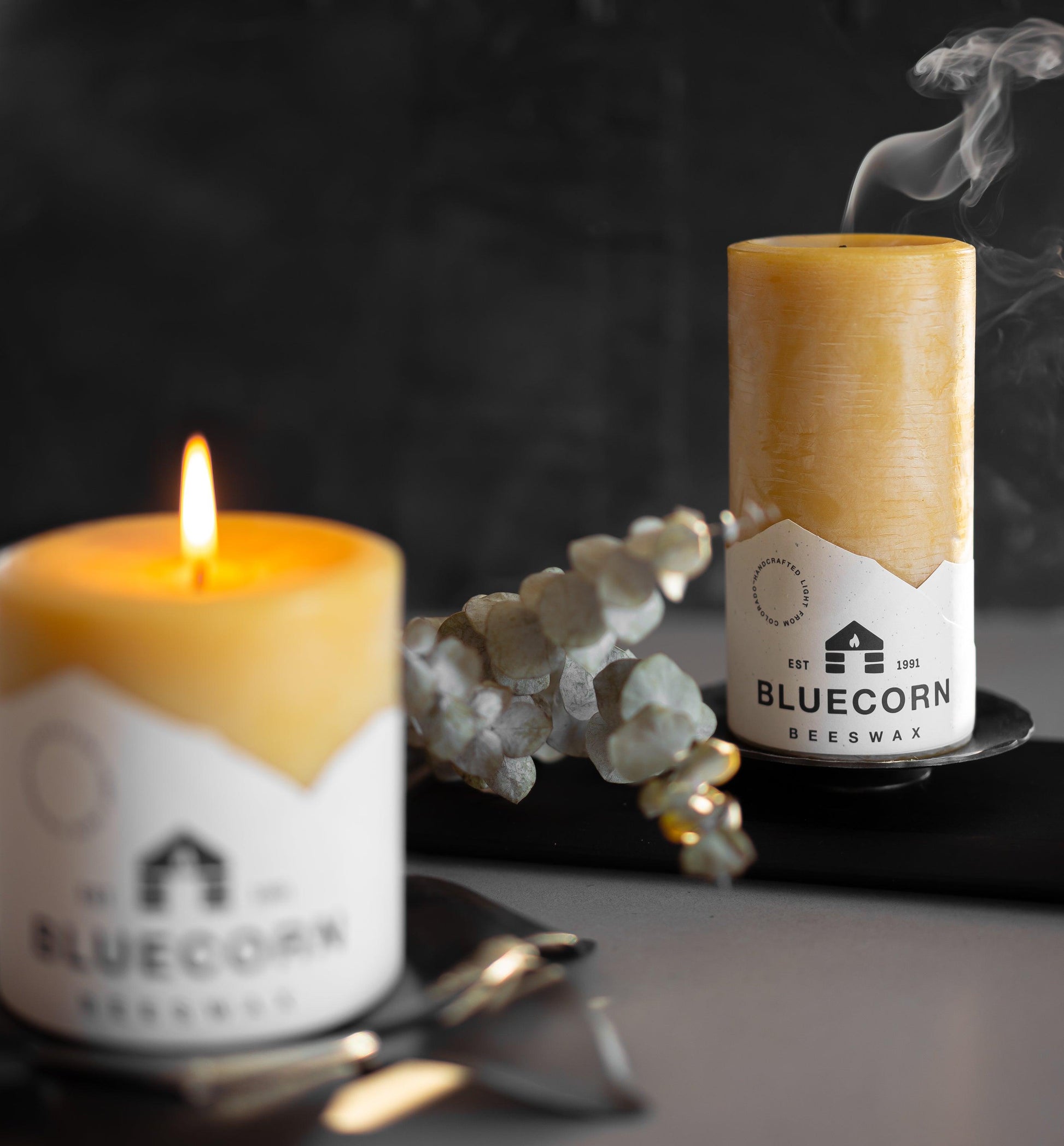 Features two beeswax pillars atop forged pillar bases. One candle is lit, while the other has just been blown out as a plume of smoke billows over the candle. Both candles are in front of a black backdrop with a sprig of Eucalyptus between them.  