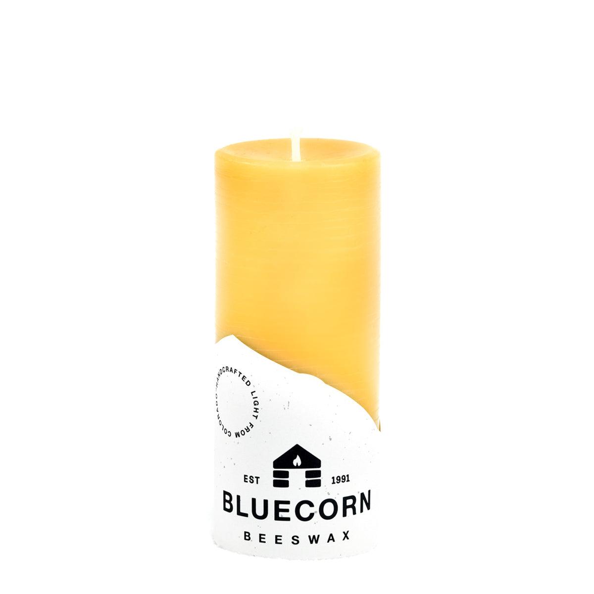 Bluecorn Beeswax 100% Pure Beeswax 2" x 4.5" Raw Pillar Candle. Burn Time: 36 hours. Made with 100% Pure Beeswax, wax is golden in color with a light honey scent. Made with 100% pure cotton wick, no lead and paraffin free. Clean burning and non-toxic. Features Bluecorn Beeswax label printed on 100% recycled paper. Clearance items might have an odd blemish or air bubble, but will still burn beautifully.