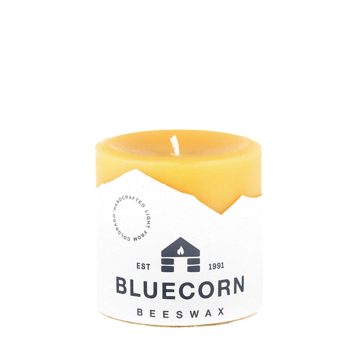 Bluecorn Beeswax 100% Pure Beeswax 3" x 3" Raw Pillar Candle. Burn Time: 50 hours. Made with 100% Pure Beeswax, wax is golden in color with a light honey scent. Made with 100% pure cotton wick, no lead and paraffin free. Clean burning and non-toxic. Features Bluecorn Beeswax label printed on 100% recycled paper. Clearance items might have an odd blemish or air bubble, but will still burn beautifully.