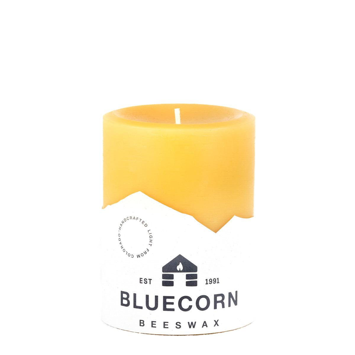 Bluecorn Beeswax 100% Pure Beeswax 3" x 4" Raw Pillar Candle. Burn Time: 60 hours. Made with 100% Pure Beeswax, wax is golden in color with a light honey scent. Made with 100% pure cotton wick, no lead and paraffin free. Clean burning and non-toxic. Features Bluecorn Beeswax label printed on 100% recycled paper. Clearance items might have an odd blemish or air bubble, but will still burn beautifully.