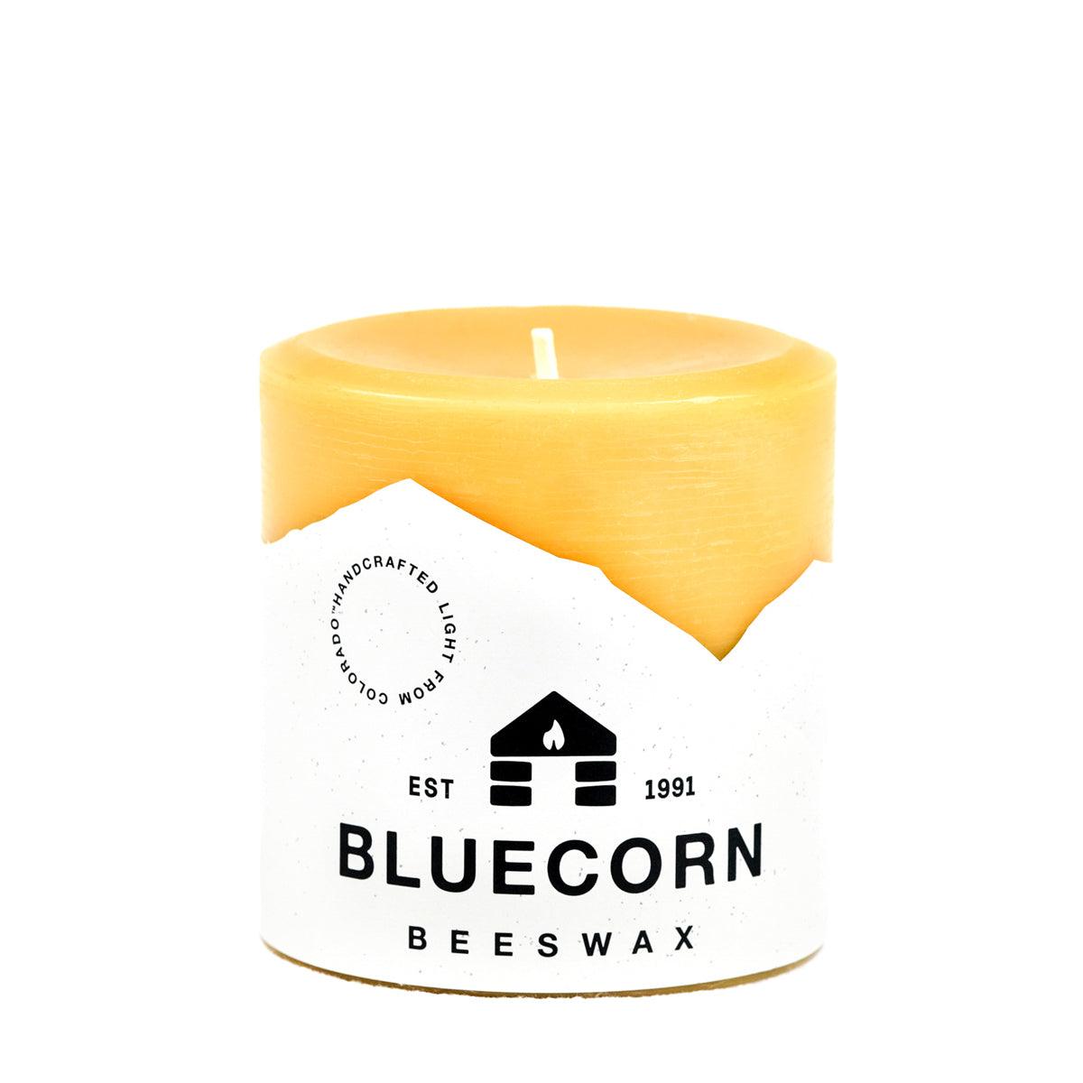 Bluecorn Beeswax 100% Pure Beeswax 4" x 4" Raw Pillar Candle. Burn Time: 120 hours. Made with 100% Pure Beeswax, wax is golden in color with a light honey scent. Made with 100% pure cotton wick, no lead and paraffin free. Clean burning and non-toxic. Features Bluecorn Beeswax label printed on 100% recycled paper. Clearance items might have an odd blemish or air bubble, but will still burn beautifully.