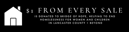Black and white logo with text about donating to Bridge of Hope for homelessness.
