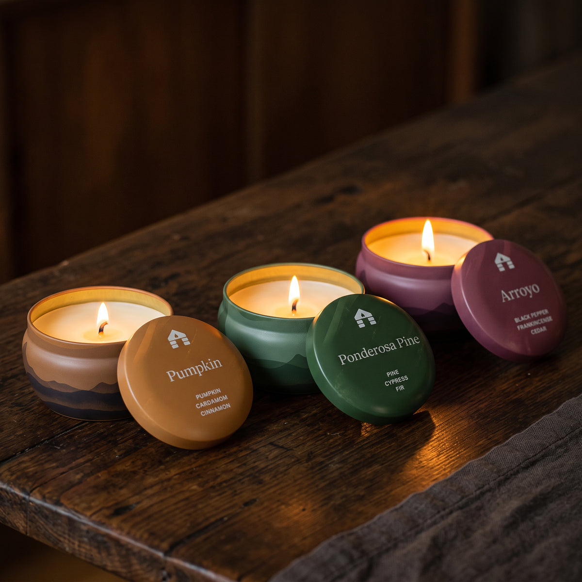 pumpkin pine and arroyo scented candle tins from bluecorn for fall