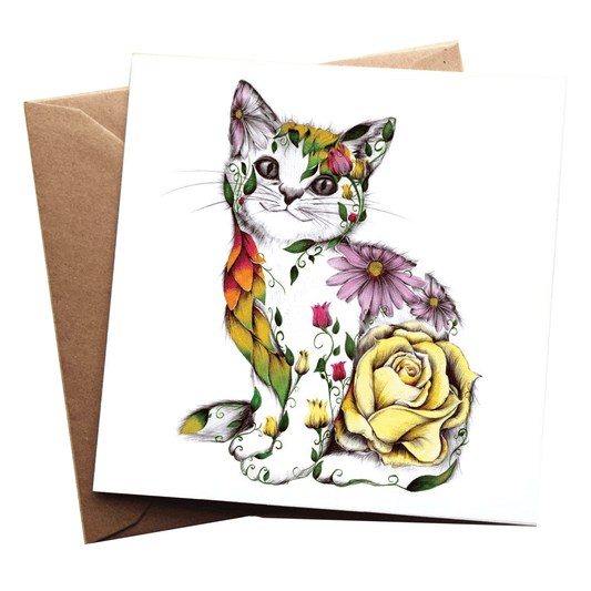 Floral Printed Cat Greeting Card - Bluecorn Candles