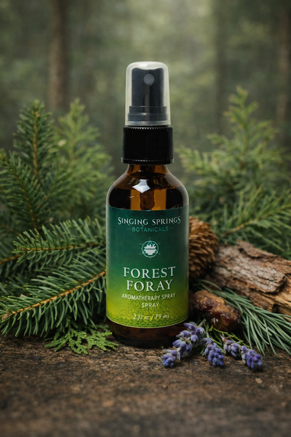 Bottle of Singing Springs Forest Foray aromatherapy spray with natural elements in the background
