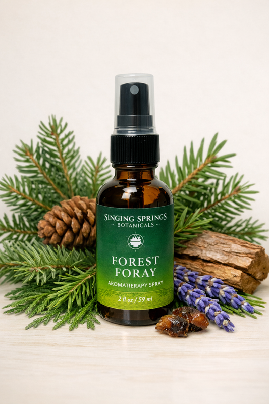 Aromatherapy spray bottle labeled 'Forest Foray' by Singing Springs Botanicals with natural elements on a light background.