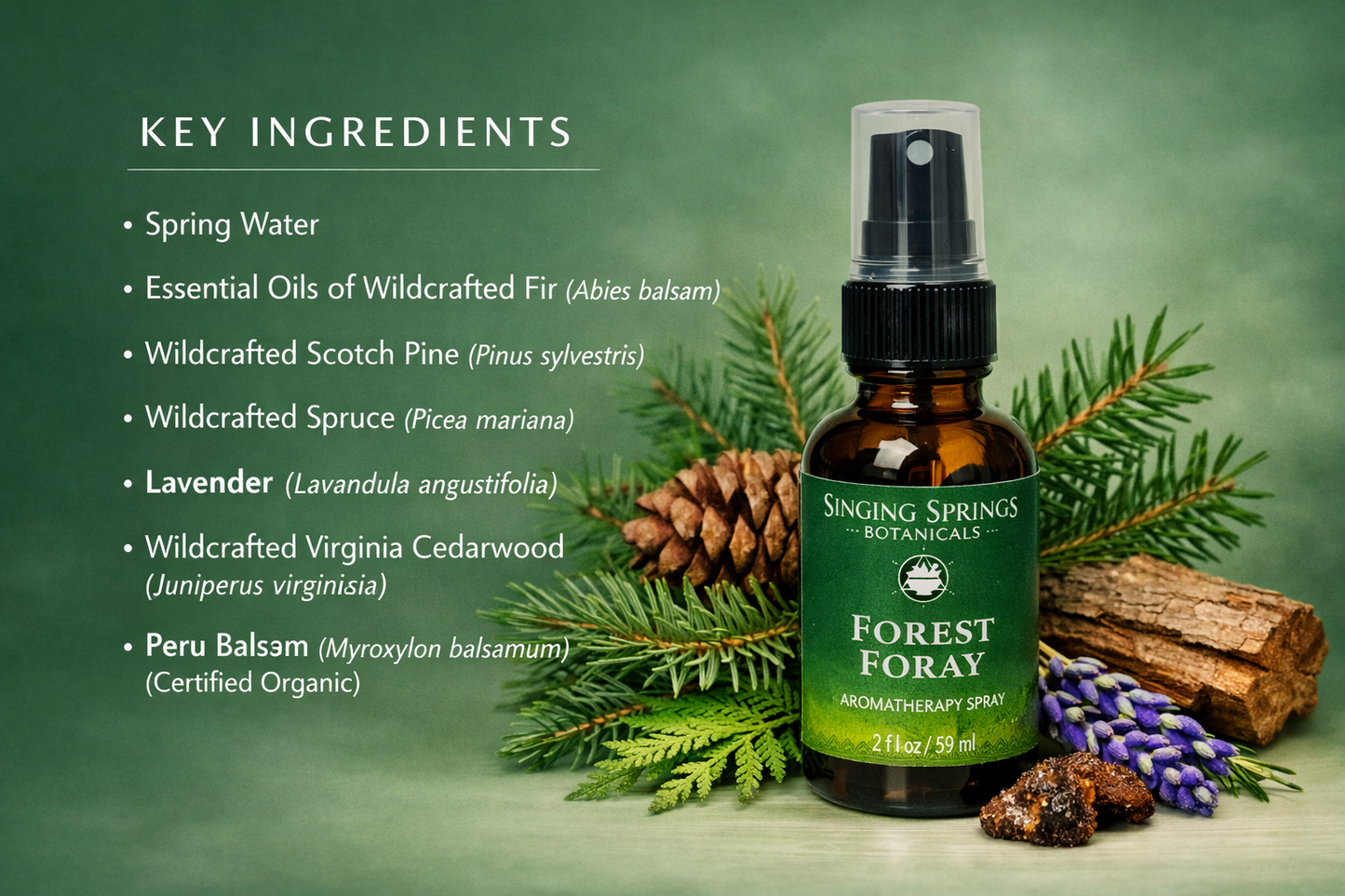 A bottle of Singing Springs Botanicals Forest Foray room spray with key ingredients listed on a green background.