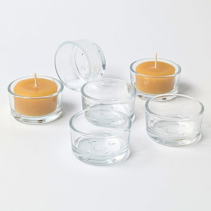bluecorn beeswax tealight candles in clear glass candle holders