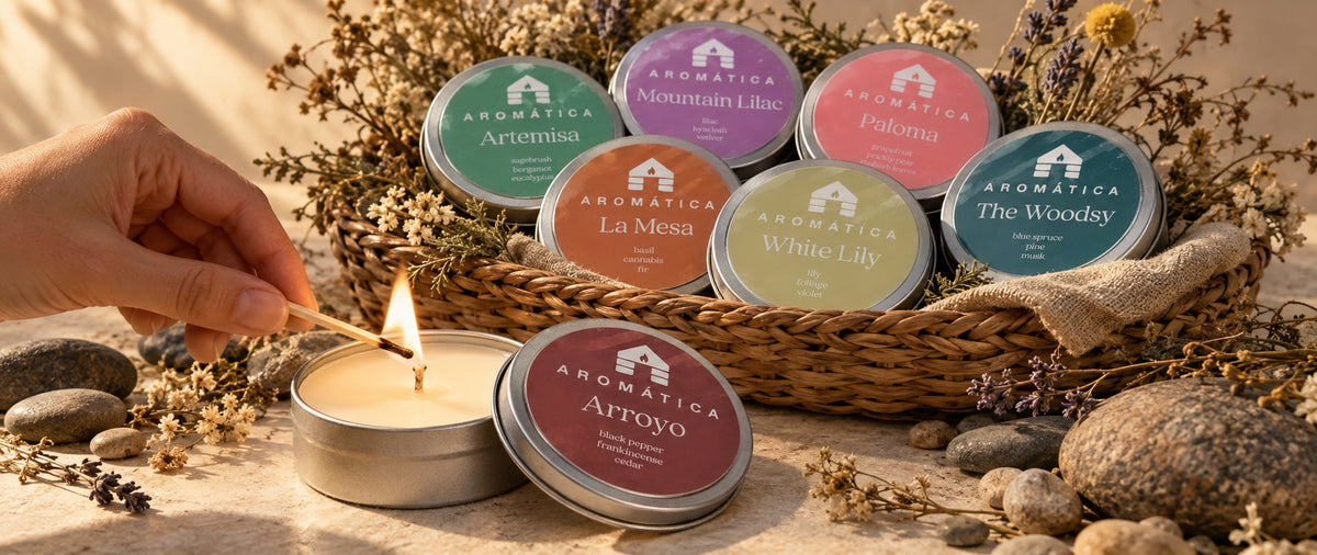 lighting a bluecorn aromática scened candle sample tin for scale. 