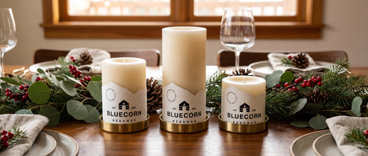 bluecorn beeswax ivory pillar trio on christmas decor table