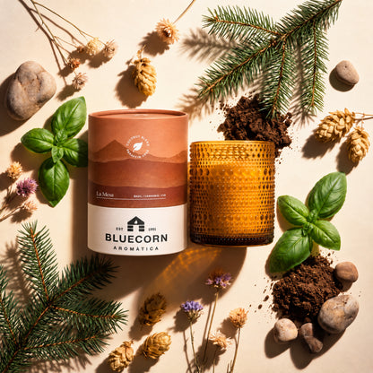 basil herb and fir scented candle la mesa from bluecorn with scent elements surrounding 