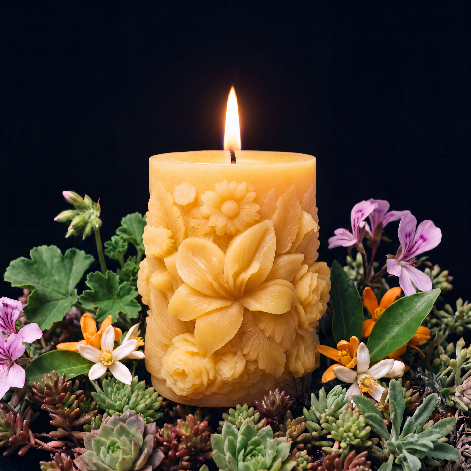 pure beeswax pillar candle molded with a floral motif and glowing from bluecorn candles made in colorado