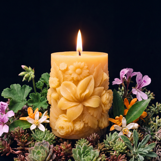 pure beeswax pillar candle molded with a floral motif and glowing from bluecorn candles made in colorado