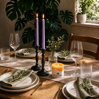 lilac purple taper candles in cast iron holders on a spring dining table. pure beeswax pillar candle beside. bluecorn beeswax