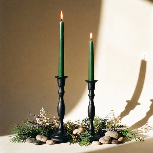 dark green taper candles in classic cast iron candlestick holders 100% pure beeswax bluecorn candles