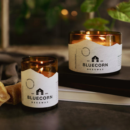 NEW Pure Beeswax Candle in Blown Glass - Bluecorn Candles