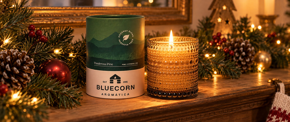 pine scented candle from Bluecor candles on Christmas mantel