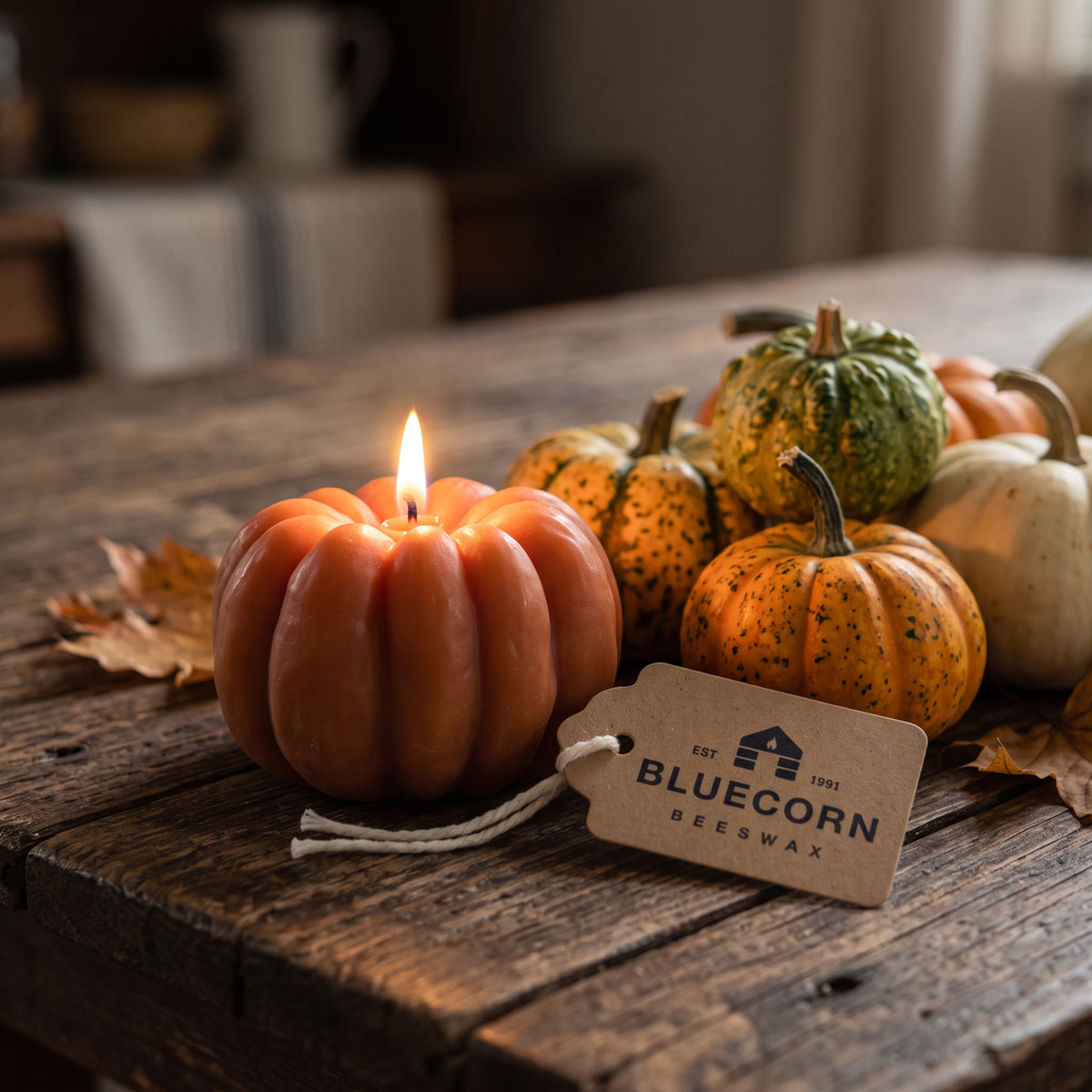 pumpkin shaped, pumpkin scented beeswax candle burning alongside some heirloom gourds and a bluecorn beeswax hang tag