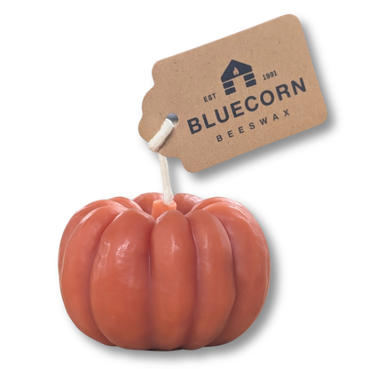 Pumpkin spice scented beeswax pumpkin candle in orange with a Bluecorn Beeswax kraft tag