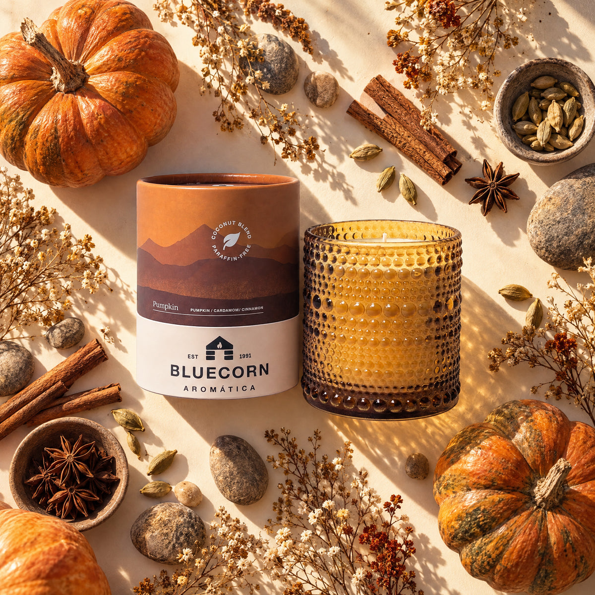 pumpkin spice scented candle from bluecorn surrounded by heirloom gourds and warming spices