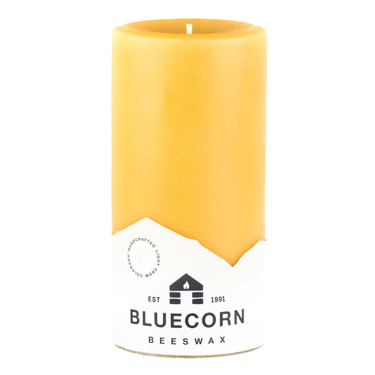 Bluecorn Beeswax 100% Pure Beeswax 4" x 8" Raw Pillar Candle. Burn Time: 240 hours. Made with 100% Pure Beeswax, is golden in color, with a light honey scent. Made with 100% pure cotton wick, no lead and paraffin free. Clean burning and non-toxic. Features Bluecorn Beeswax label printed on 100% recycled paper. 