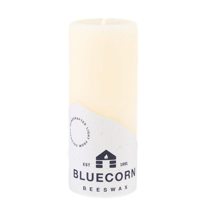Bluecorn Beeswax 100% Pure Beeswax 2" x 4.5" Ivory Pillar Candle. Burn Time: 36 hours. Made with 100% Pure Beeswax, is white in color. Made with 100% pure cotton wick, no lead and paraffin free. Clean burning and non-toxic. Features Bluecorn Beeswax label printed on 100% recycled paper.