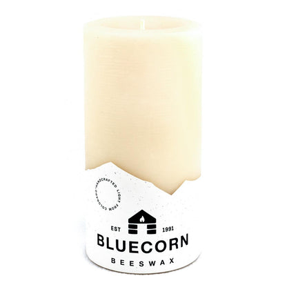 Bluecorn Beeswax 100% Pure Beeswax 3" x 6" Ivory Pillar Candle. Burn Time: 90 hours. Made with 100% Pure Beeswax, is white in color. Made with 100% pure cotton wick, no lead and paraffin free. Clean burning and non-toxic. Features Bluecorn Beeswax label printed on 100% recycled paper. 