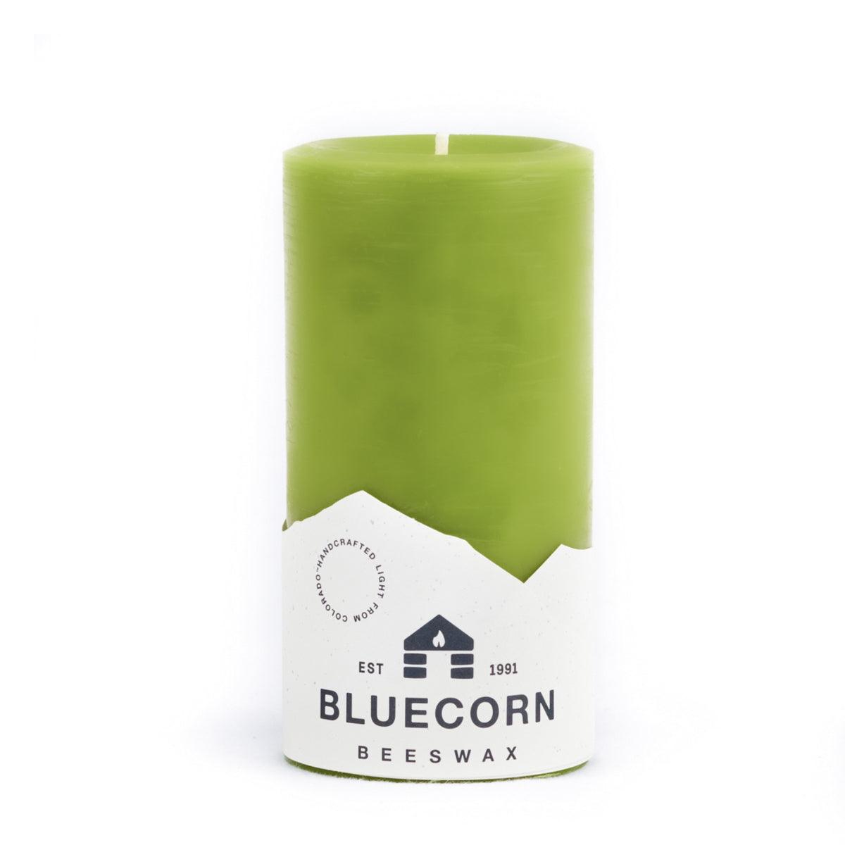 Bluecorn Beeswax 100% Pure Beeswax 3" x 6" Colored Pillar Candle is Pistachio in color. Burn Time: 90 hours. Made with 100% Pure Beeswax, is . Made with 100% pure cotton wick, no lead and paraffin free. Clean burning and non-toxic. Features Bluecorn Beeswax label printed on 100% recycled paper.