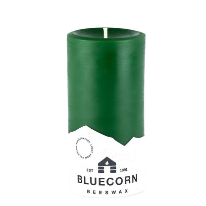 Bluecorn Beeswax 100% Pure Beeswax 3" x 6" Colored Pillar Candle is Moss in color. Burn Time: 90 hours. Made with 100% Pure Beeswax, is . Made with 100% pure cotton wick, no lead and paraffin free. Clean burning and non-toxic. Features Bluecorn Beeswax label printed on 100% recycled paper.