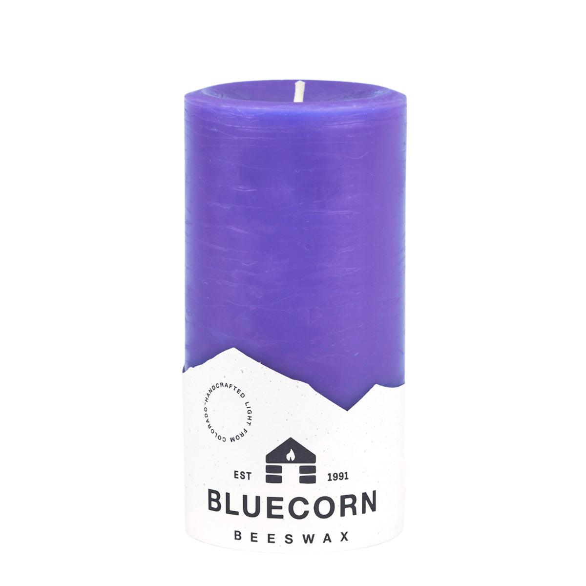 Bluecorn Beeswax 100% Pure Beeswax 3" x 6" Colored Pillar Candle is Lilac in color. Burn Time: 90 hours. Made with 100% Pure Beeswax, is . Made with 100% pure cotton wick, no lead and paraffin free. Clean burning and non-toxic. Features Bluecorn Beeswax label printed on 100% recycled paper. 